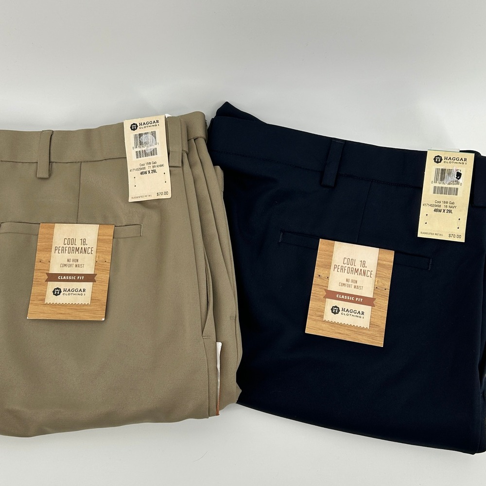 BUNDLE Haggar Cool 18 Performance Mens Navy Blue Tan Dress Pants 46x29 NWT Work
